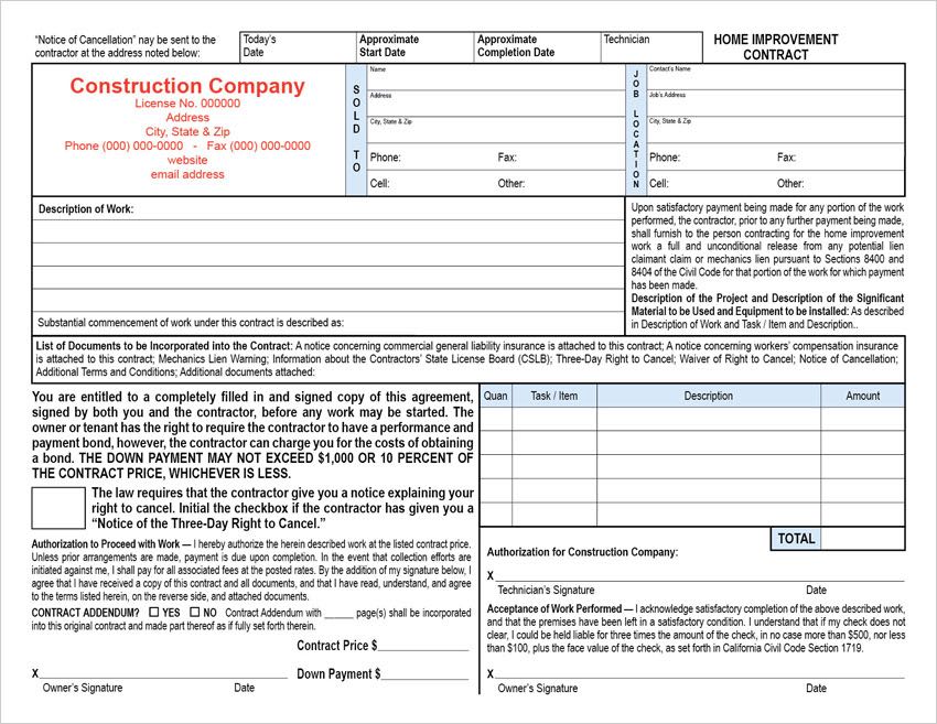 Horizontal Contract Set California Home Improvement Contract