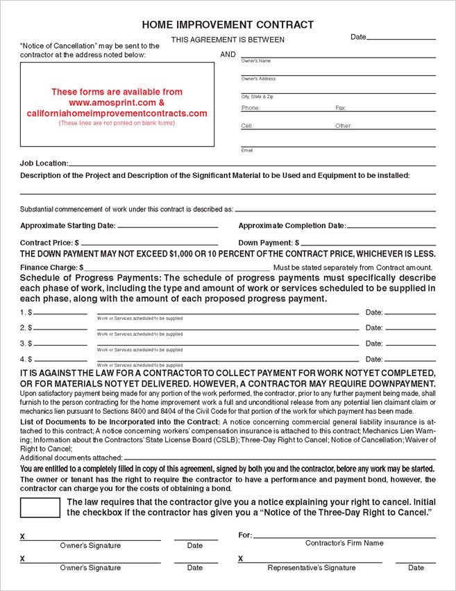Ready-to-Use Printed California Home Improvement Contract