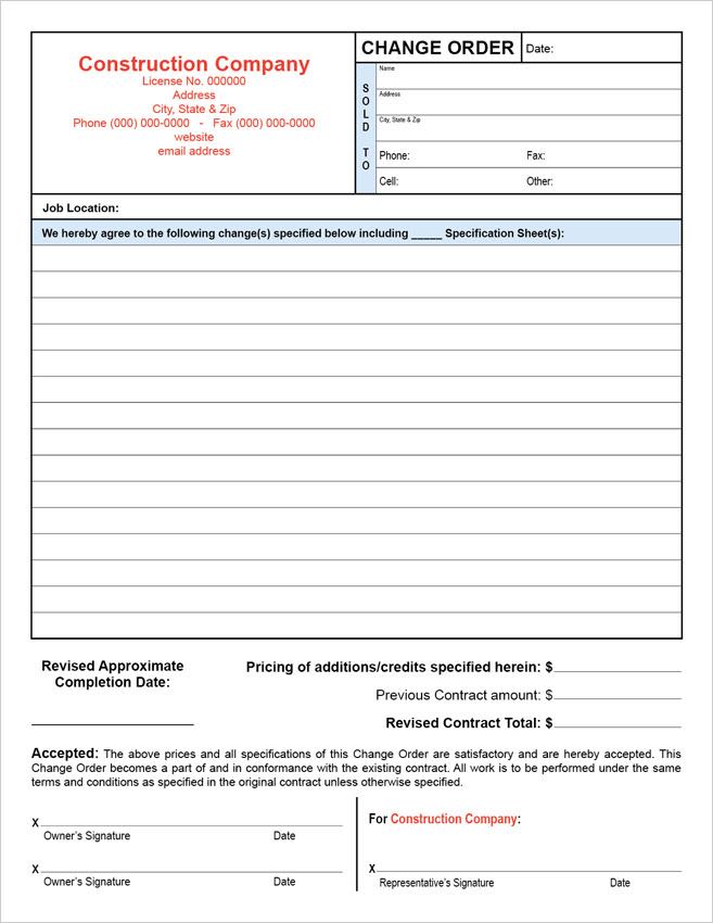 Customizable Printed Change Order