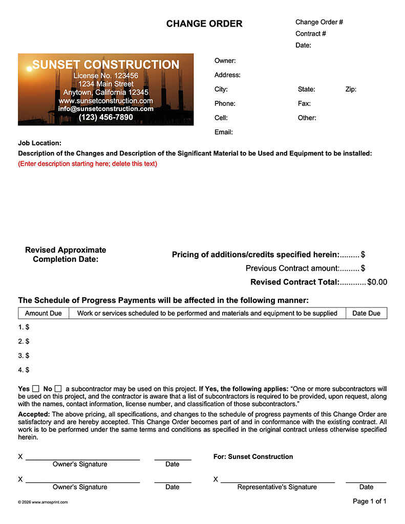 Custom Word Change Order Form