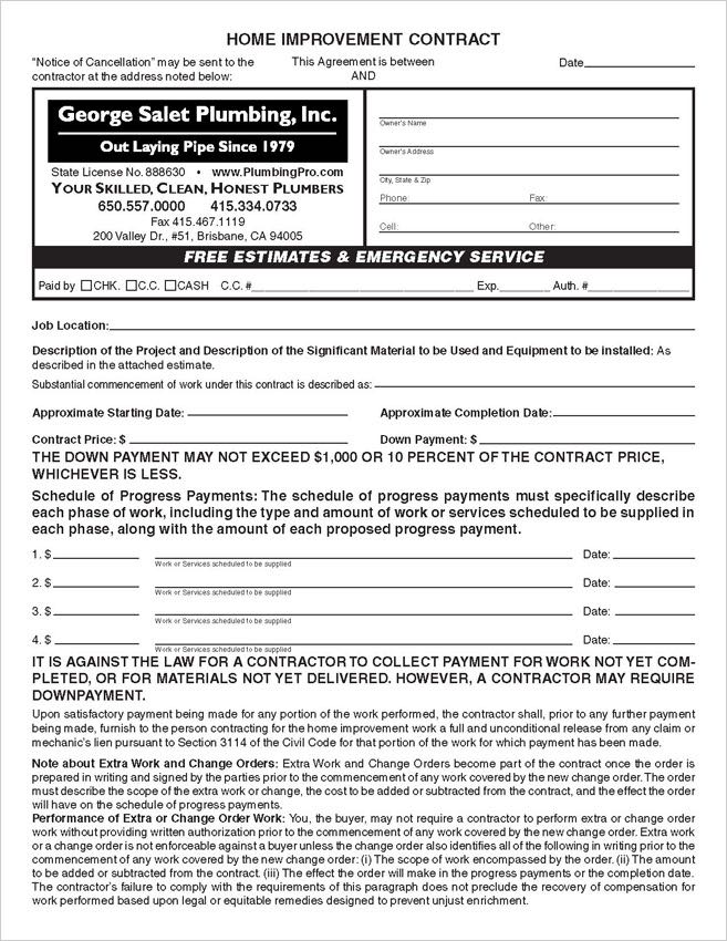 Custom Printed 3 set California Home Improvement Contract