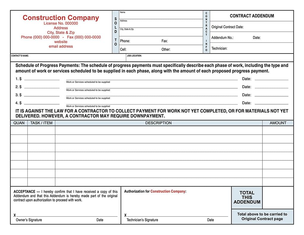 Contract Addendum with Schedule of Payments
