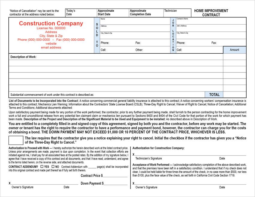 Estimate Based Horizontal California Home Improvement Contract