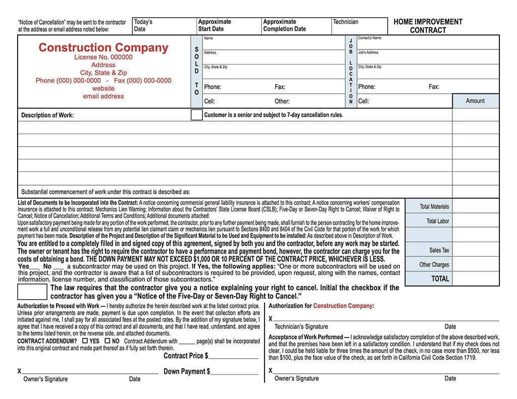 Estimate Based with Extended Pricing Horizontal California Home Improvement Contract