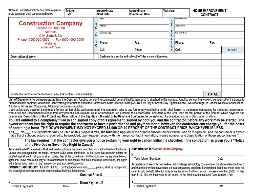 Estimate Based Horizontal California Home Improvement Contract