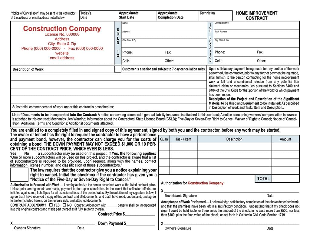 Task Based Horizontal California Home Improvement Contract
