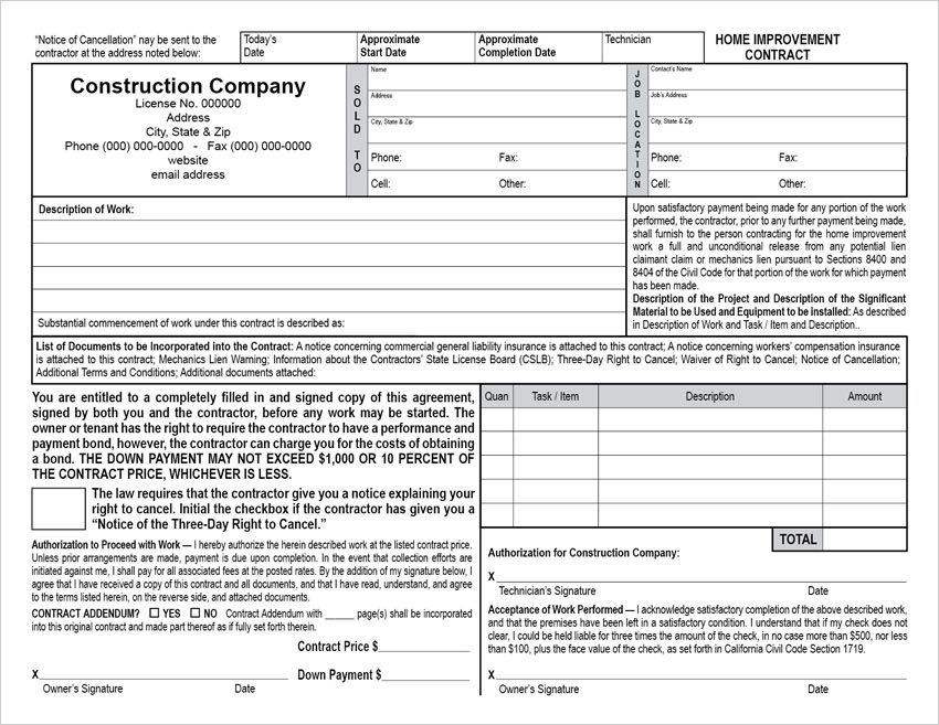 Task Based Horizontal California Home Improvement Contract