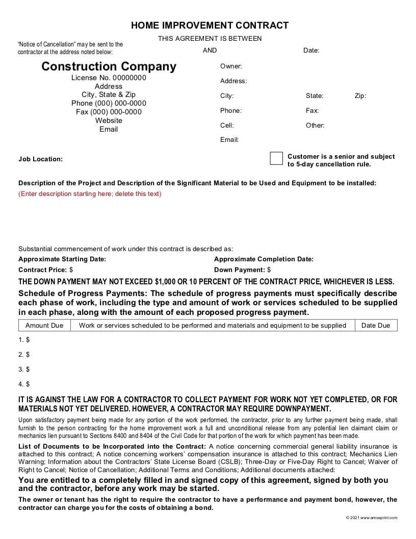 Ready to Use PDF Word California Home Improvement Contracts