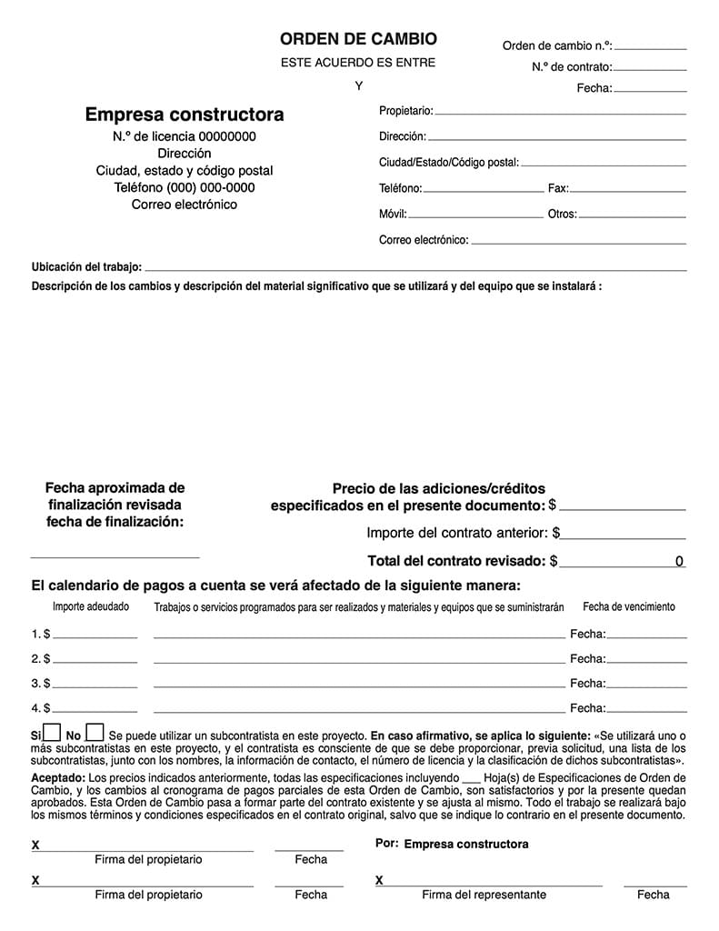 Spanish Ready-to-Use PDF Change Order