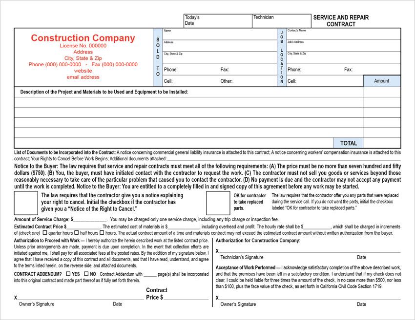 Estimate Based Horizontal California Service & Repair Contract