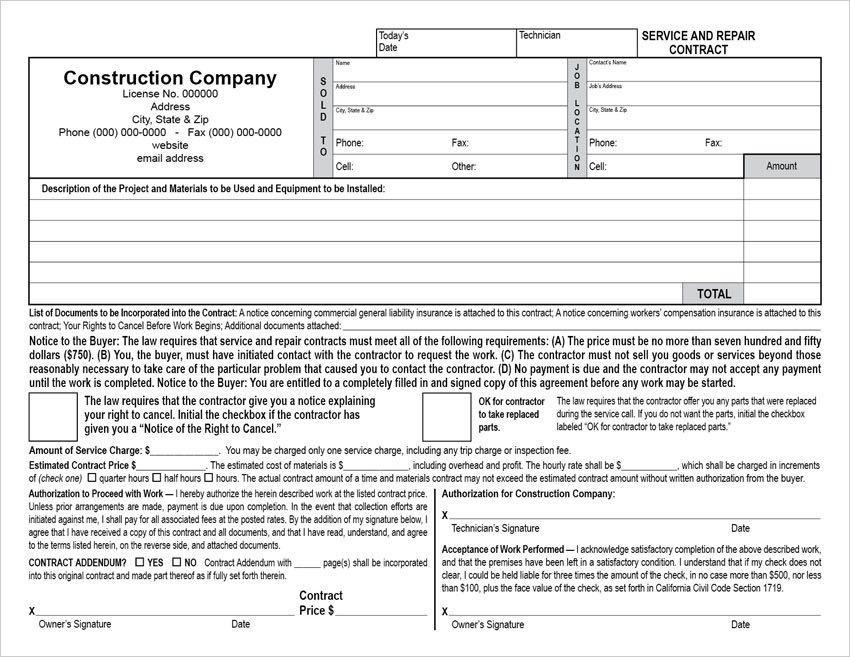 Estimate Based Horizontal California Service & Repair Contract