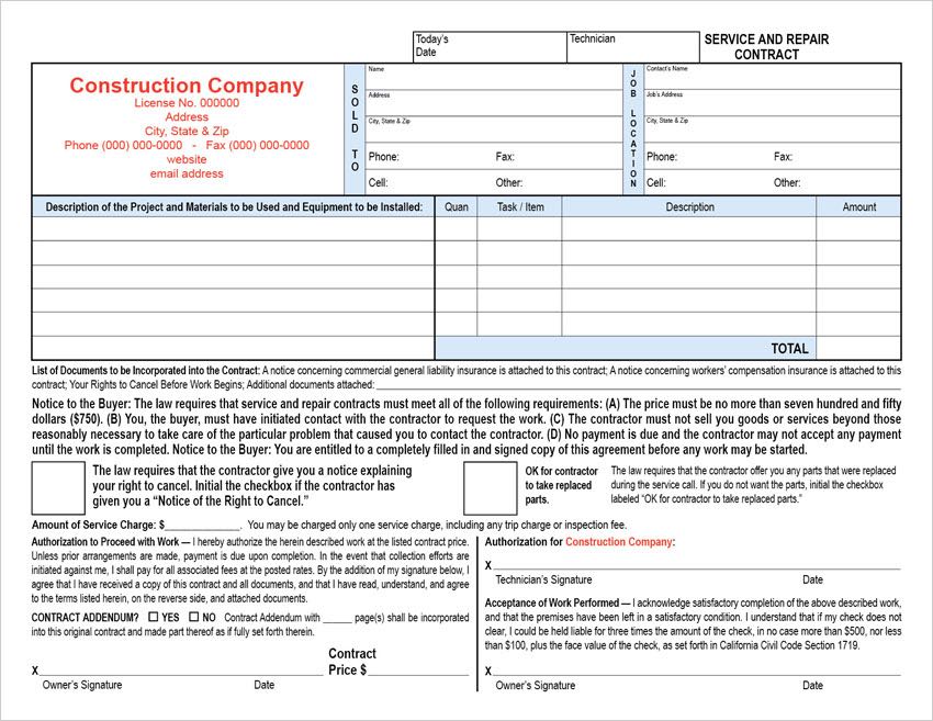 Horizontal Contract Set California Service & Repair Contract